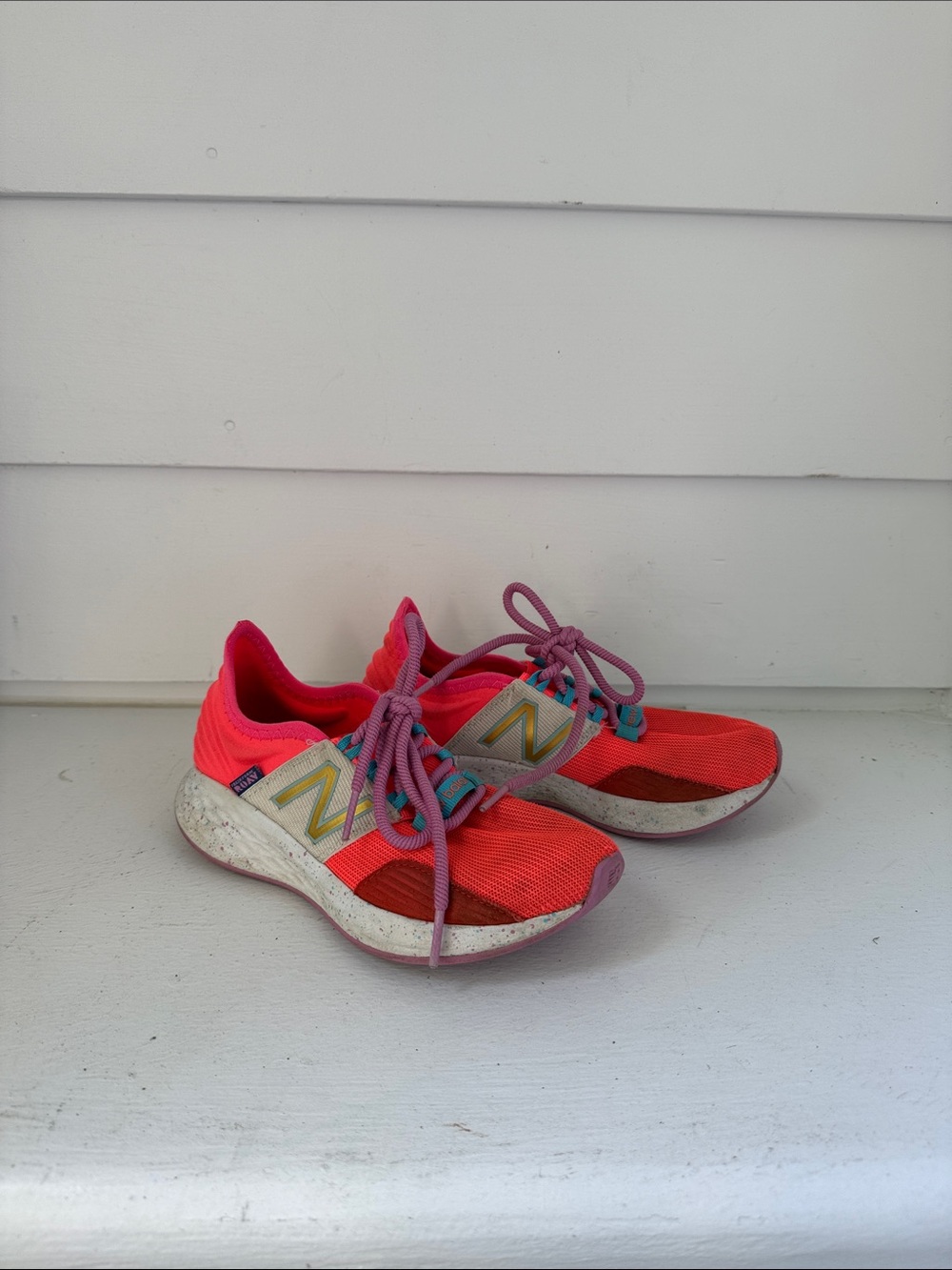 New Balance Girls’ Coral Red Athletic Sneakers with Purple Laces